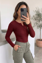 Kadın Bordo Düğme Detaylı Patlı Düğmeli Bisiklet Yaka Uzun Kollu Fitilli Kaşkorse Bluz Body