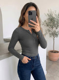 Kadın Koyu Gri Düğme Detaylı Patlı Düğmeli Bisiklet Yaka Uzun Kollu Fitilli Kaşkorse Bluz Body