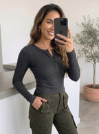 Kadın Antrasit Melnj Düğme Detaylı Patlı Düğmeli Bisiklet Yaka Uzun Kollu Fitilli Kaşkorse Bluz Body