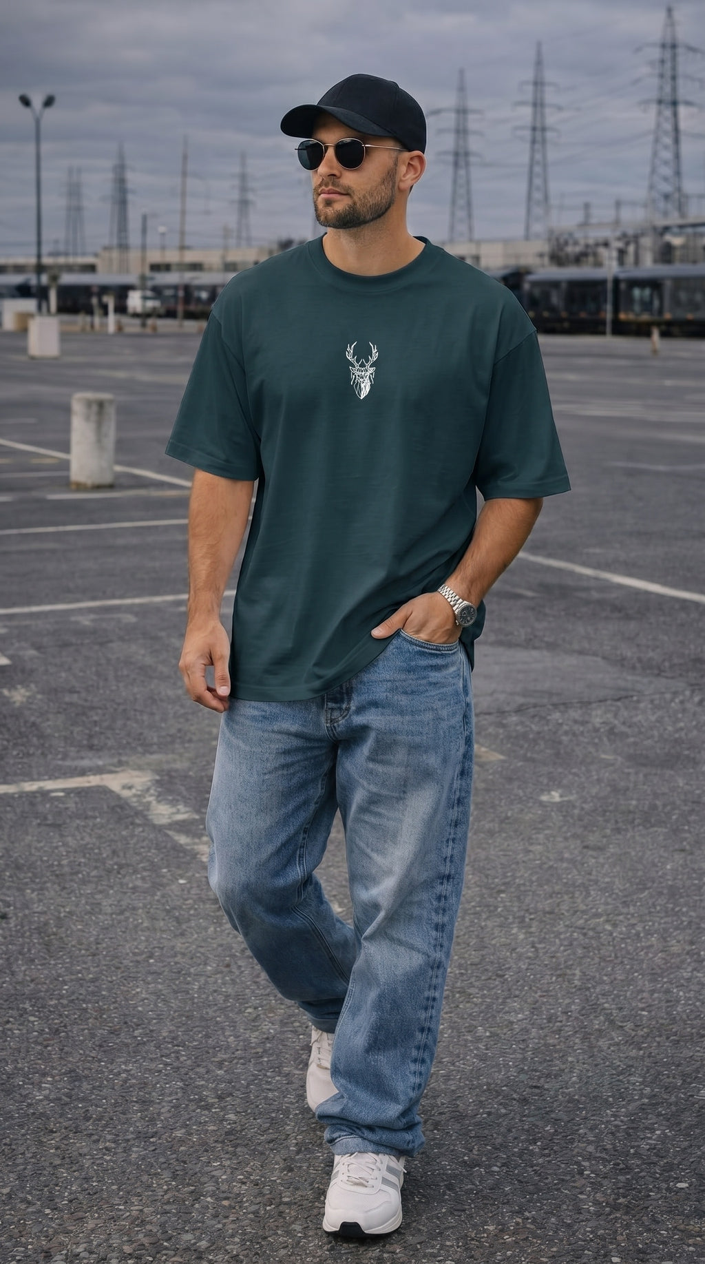 Erkek Koyu Petrol Yeşil Geyik Baskılı Oversize Fit Bol Geniş Kalıp Salaş Kesim T-shirt