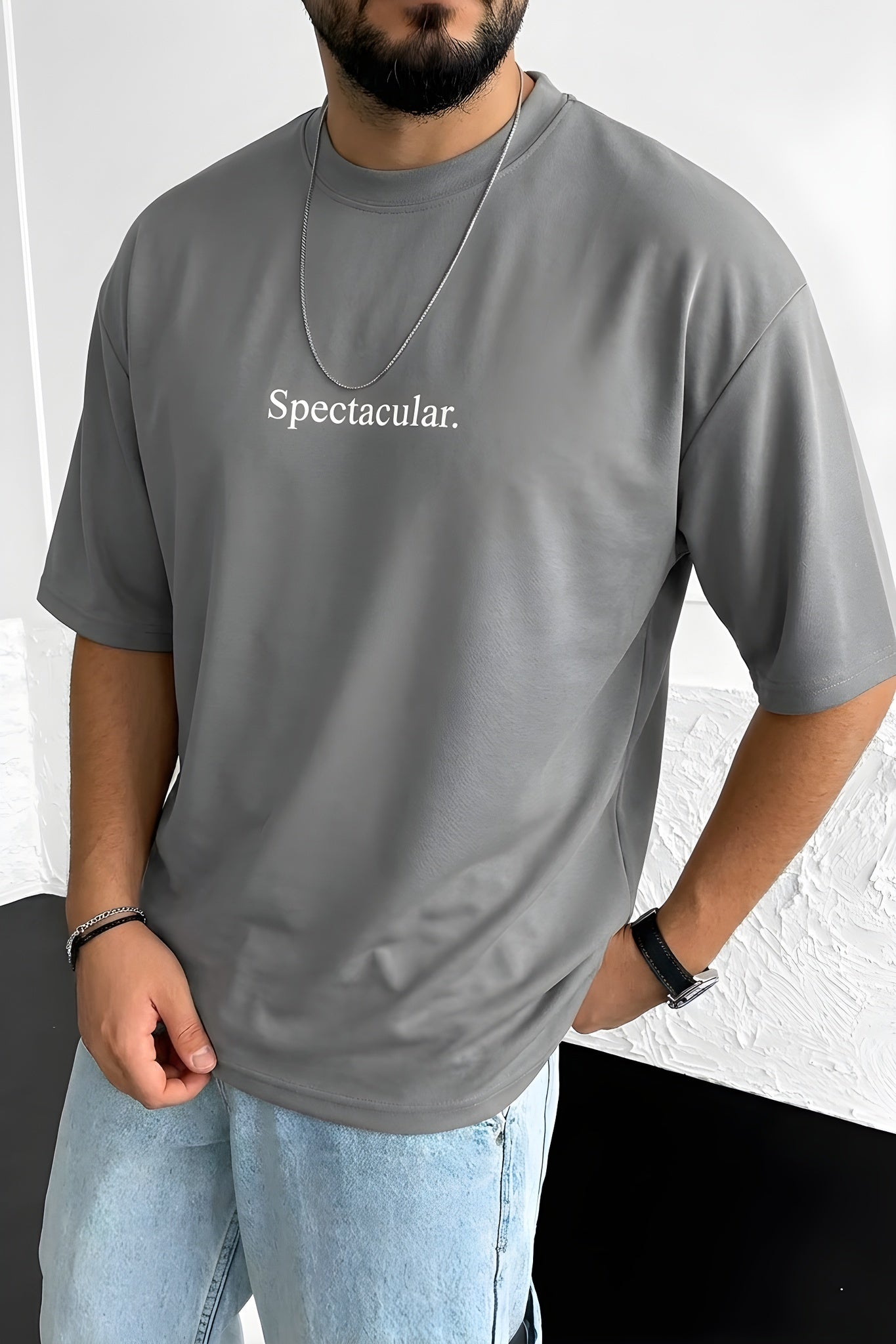 Erkek Spectacular Gri Oversize Salas T-Shirt