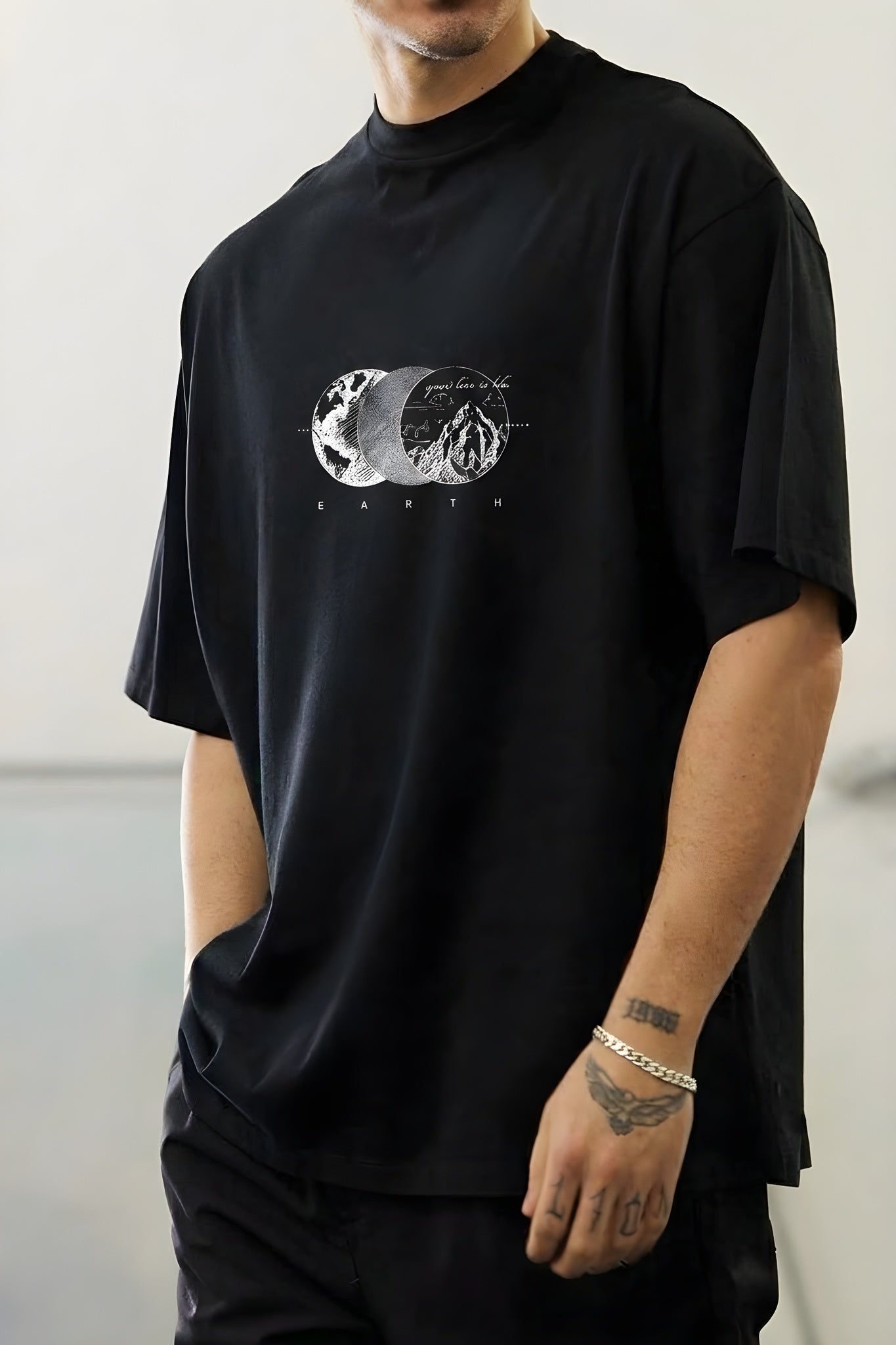 Erkek Siyah Earth Oversize Fit Bol Geniş Kalıp Salaş Kesim T-shirt