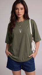 Kadın Haki Yeşil Geyik Oversize Salas Boyfriend T-shirt