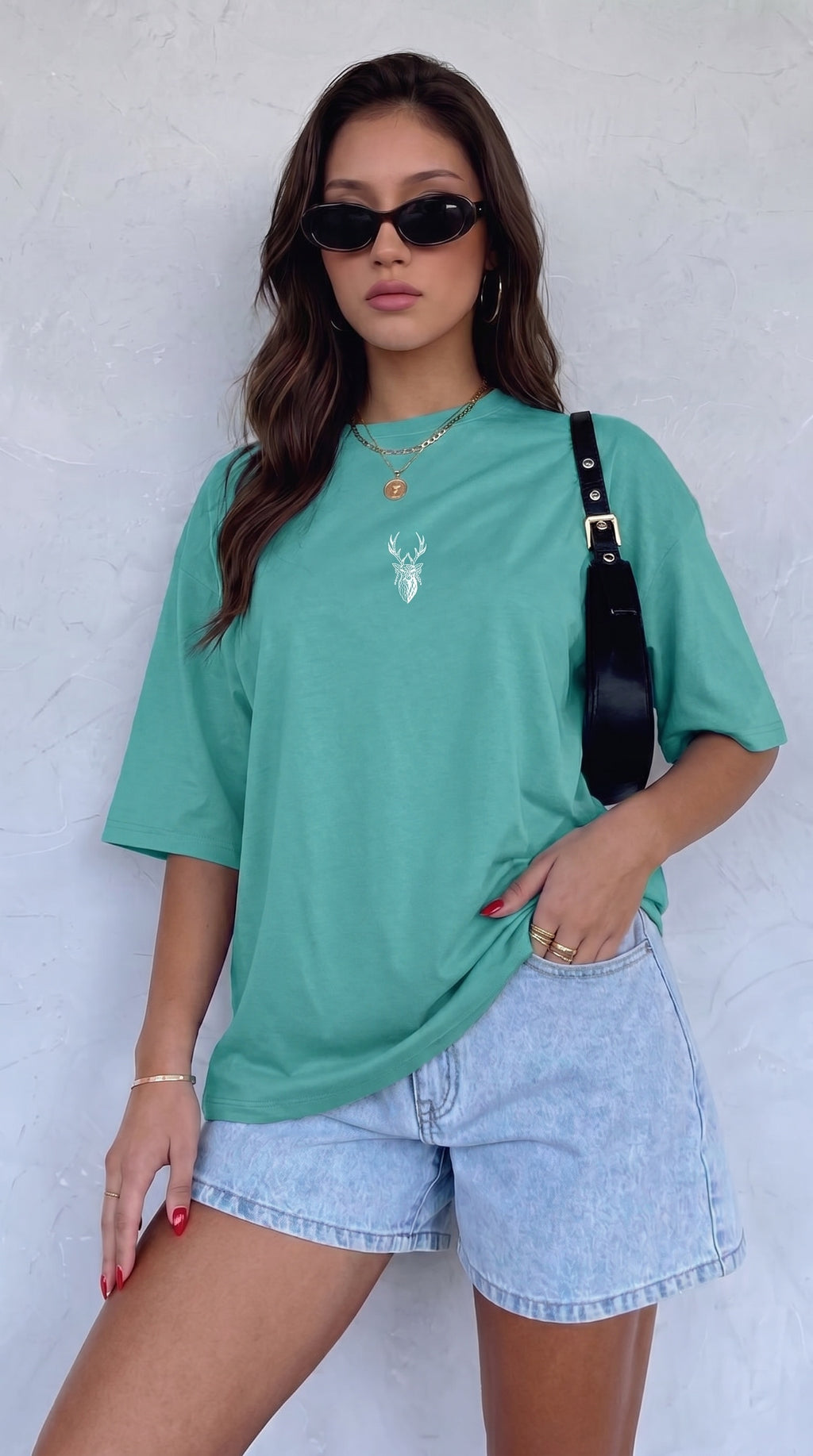 Kadın Turkuaz Geyik Oversize Salas Boyfriend T-shirt