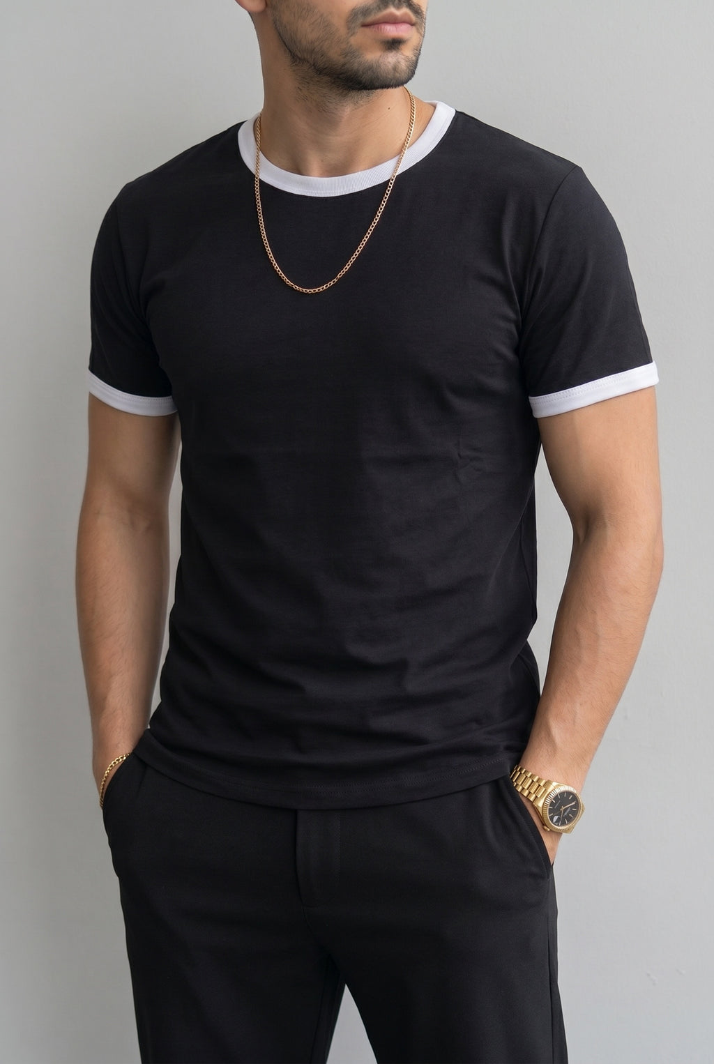 Erkek Siyah Renkli Tişört Bisiklet Yaka Kol Garnili Regular T-shirt
