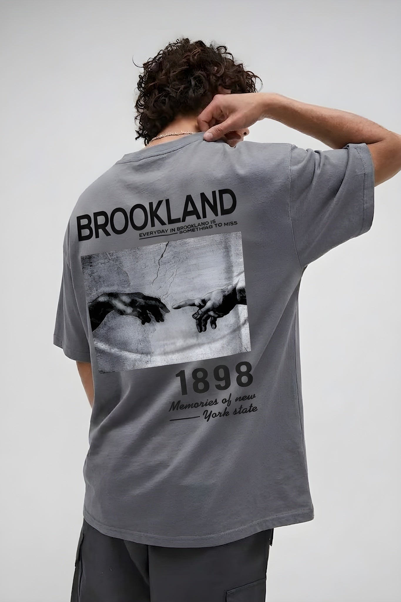 Erkek Gri 1898 Brookland Baskılı Oversize Salas T-Shirt