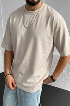 Erkek Taş Renk Basic Düz Baskısız Oversize Salas Boyfriend T-Shirt