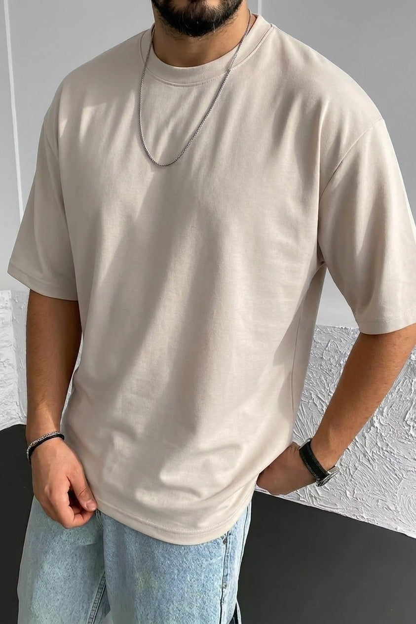 Erkek Taş Renk Basic Düz Baskısız Oversize Salas Boyfriend T-Shirt