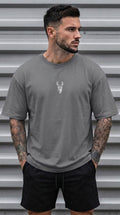 Erkek Antrasit Gri Melanj Geyik Baskılı Oversize Fit Bol Geniş Kalıp Salaş Kesim T-shirt