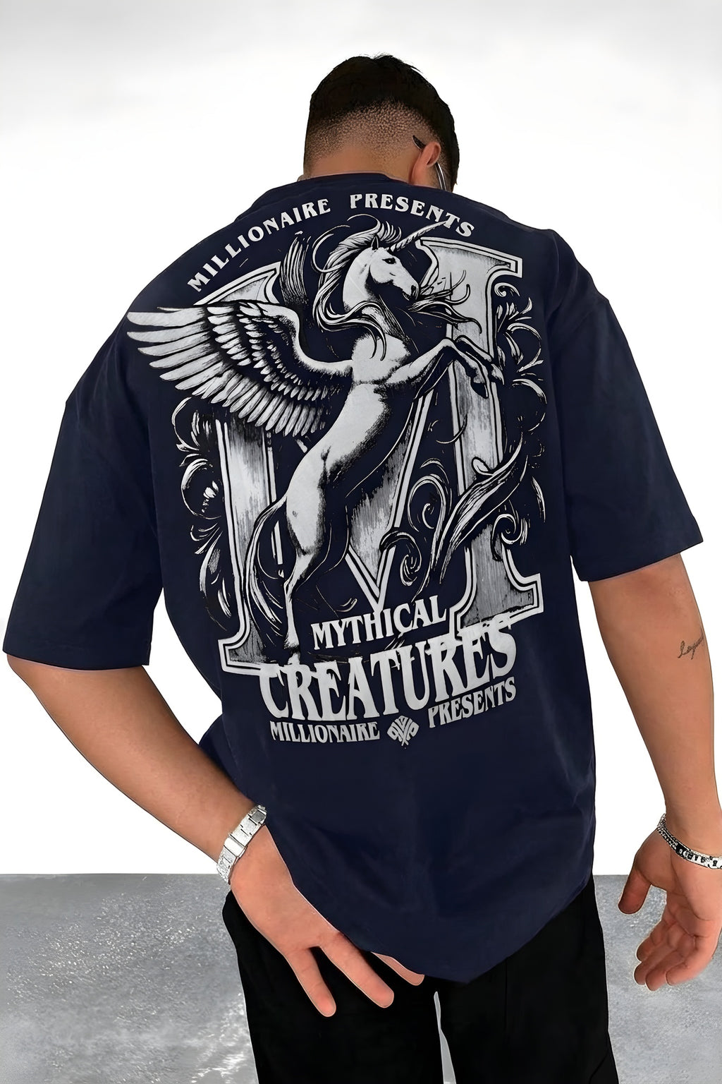 Erkek Lacivert Creatures Oversize Fit Bol Geniş Kalıp Salaş Kesim T-shirt