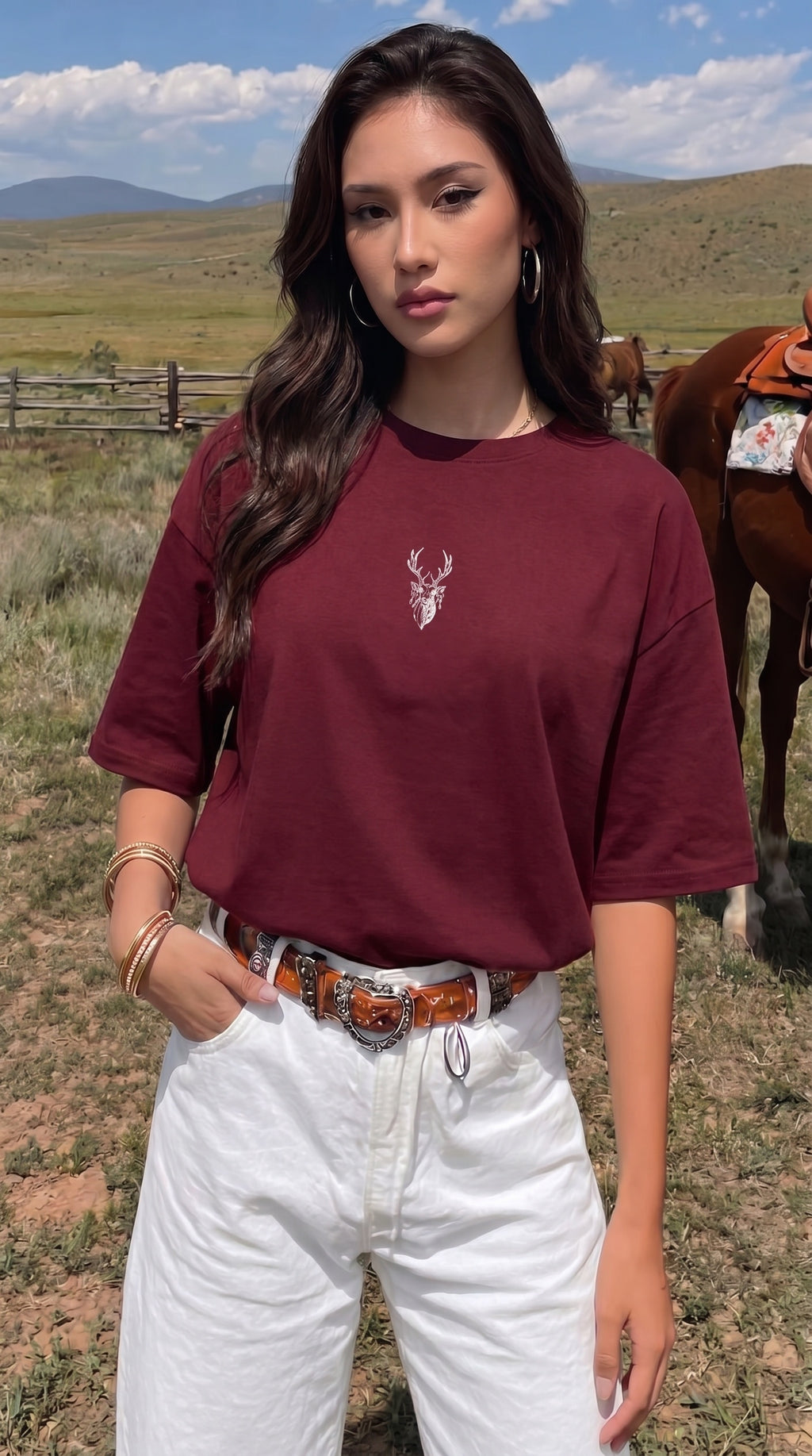 Kadın Bordo Geyik Oversize Salas Boyfriend T-shirt