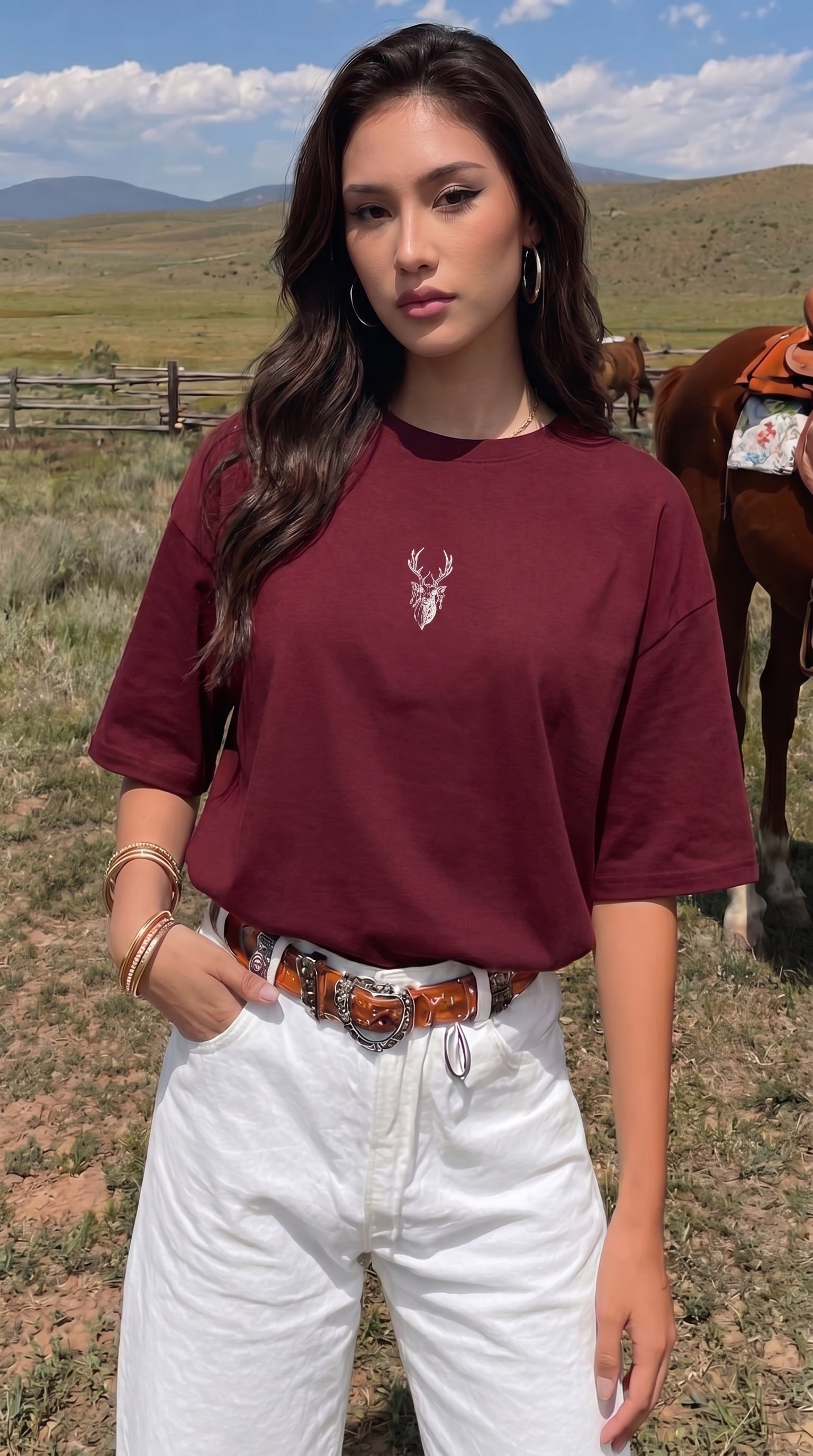 Kadın Bordo Geyik Oversize Salas Boyfriend T-shirt