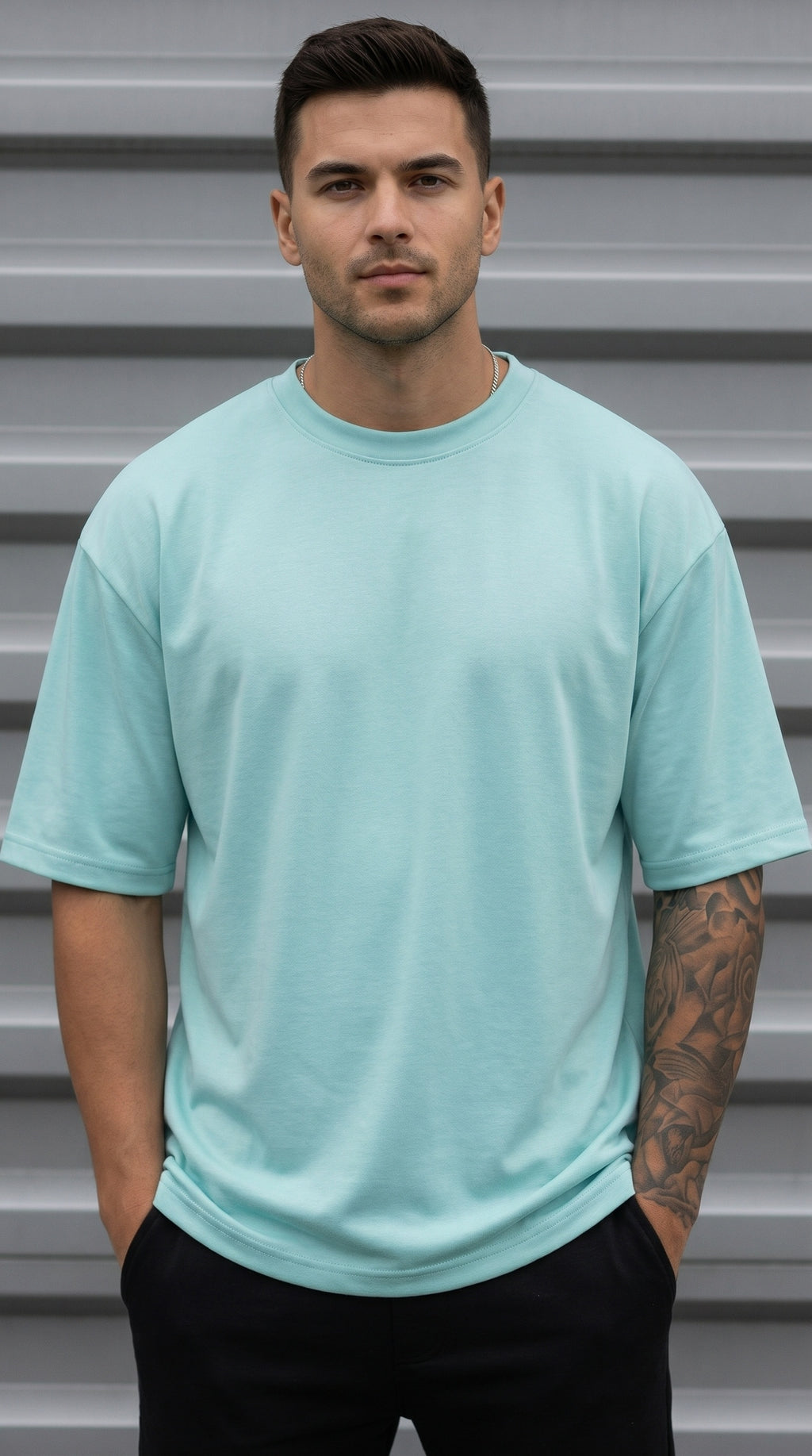 Erkek Turkuaz Basic Düz Baskısız Oversize Salas T-Shirt