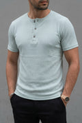 Erkek Mint Henley Yaka Tişört Üç Düğmeli Patlı Fitilli Regular T-shirt