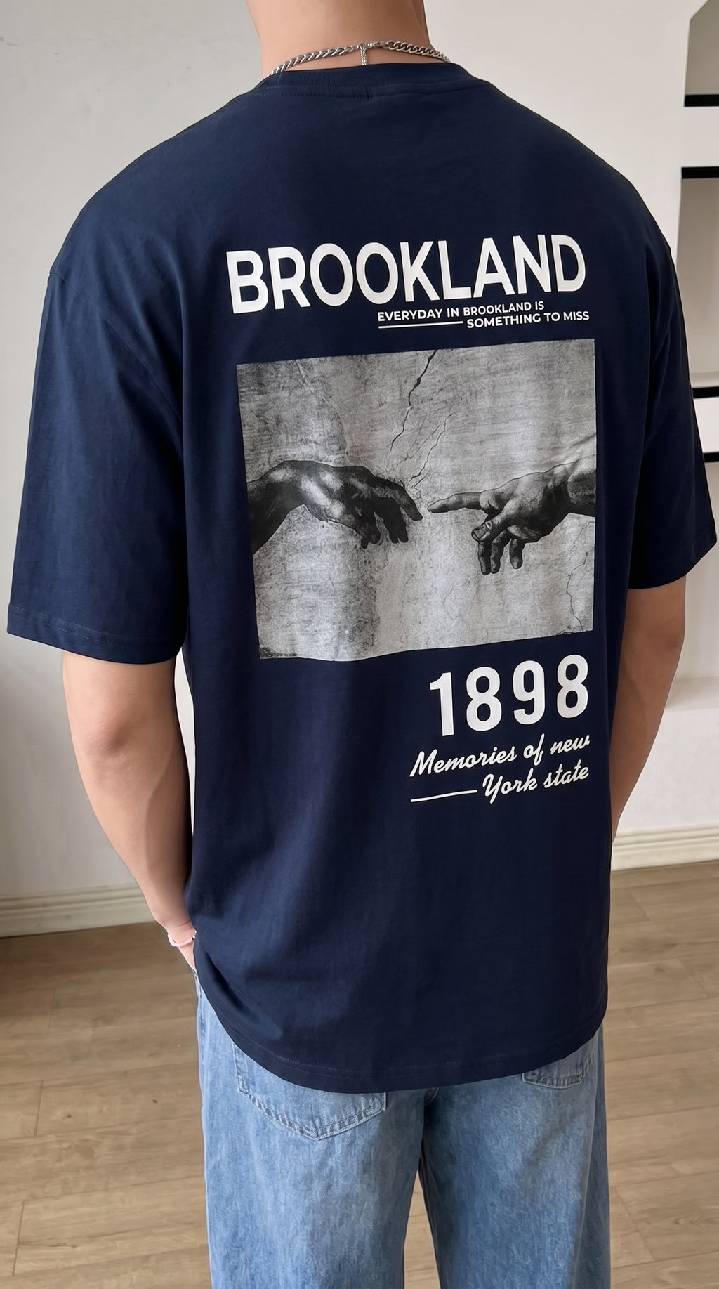 Erkek 1898 Baskılı Lacivert Oversize Salas T-shirt