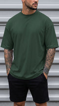 Erkek Petrol Yeşili Basic Düz Baskısız Oversize Salas Boyfriend T-Shirt