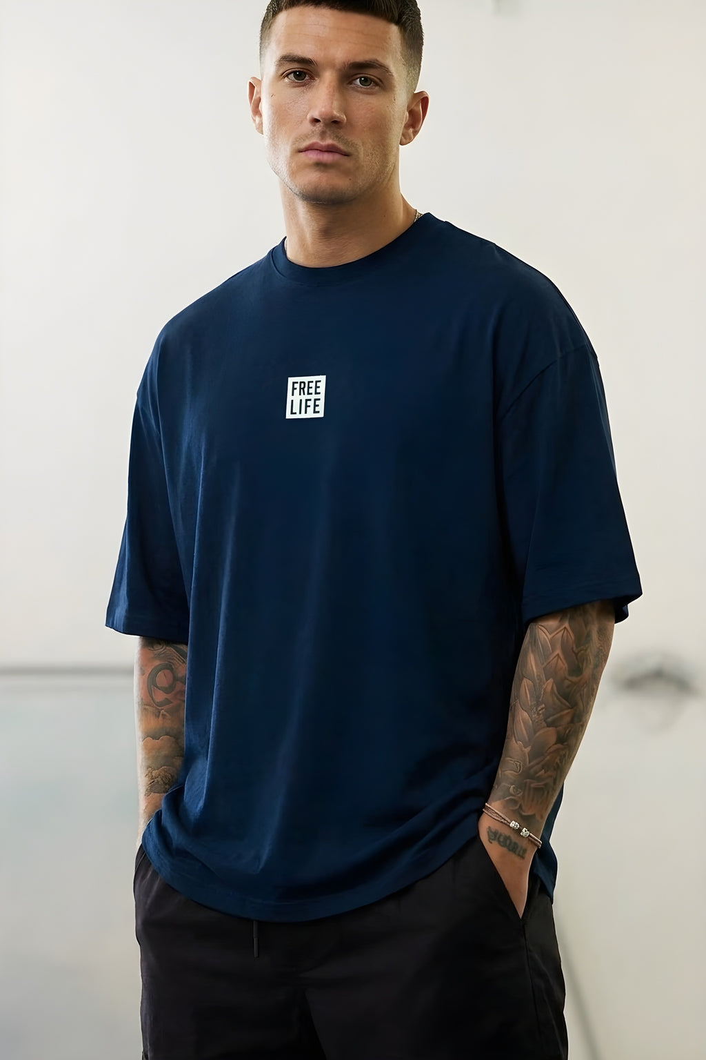 Erkek Lacivert Free Life Bisiklet Yaka Oversize Salas T-Shirt