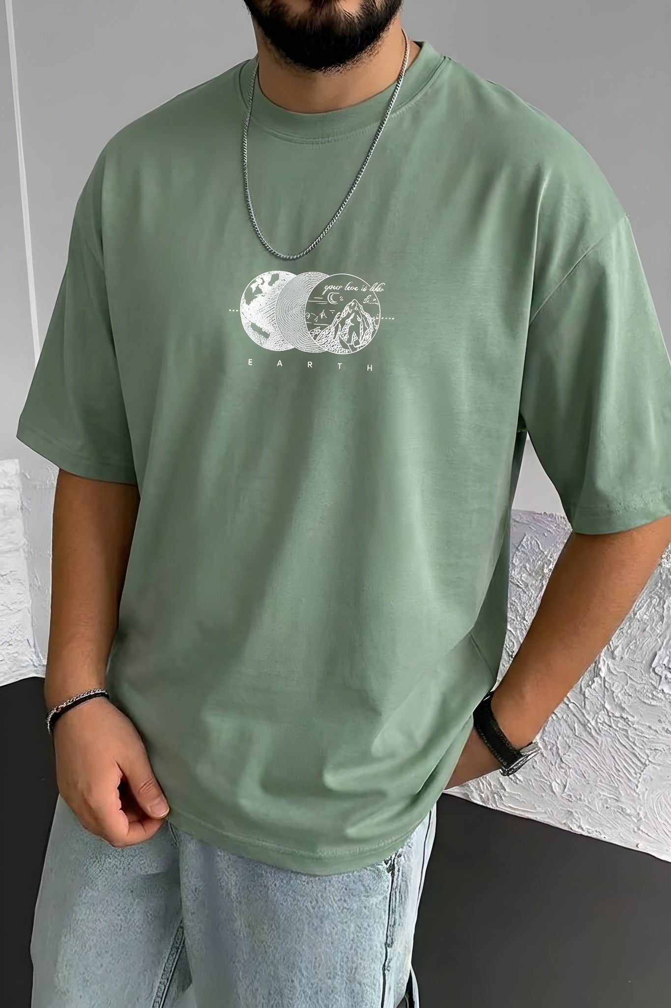 Erkek Açık Yeşil Earth Oversize Fit Bol Geniş Kalıp Salaş Kesim T-Shirt