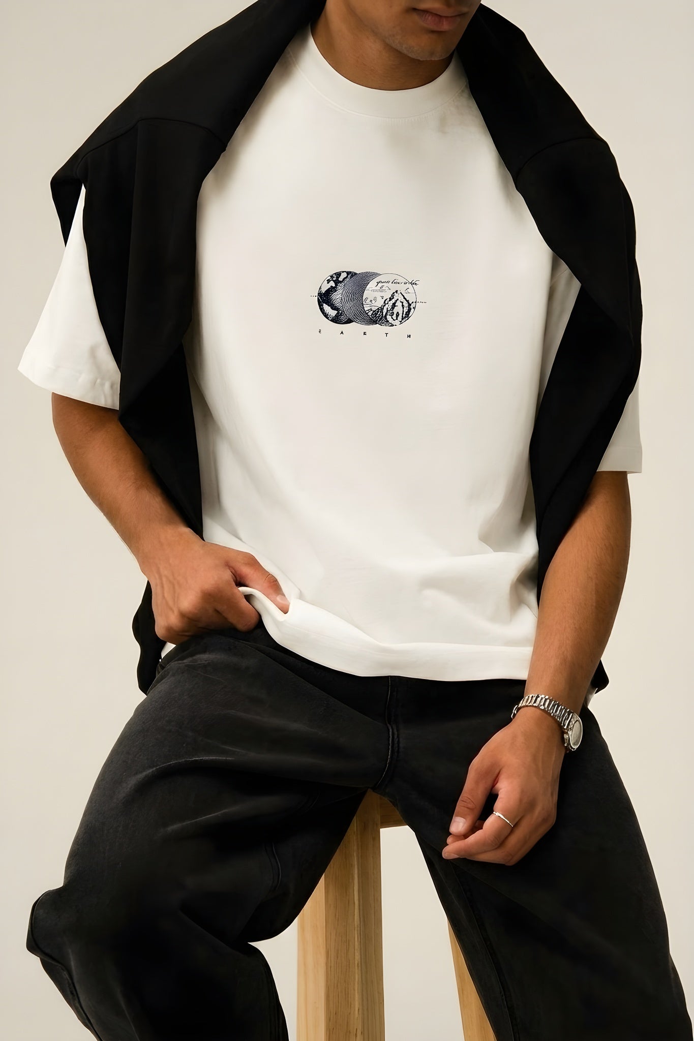 Erkek Ekru Beyaz Earth Oversize Fit Bol Geniş Kalıp Salaş Kesim T-shirt