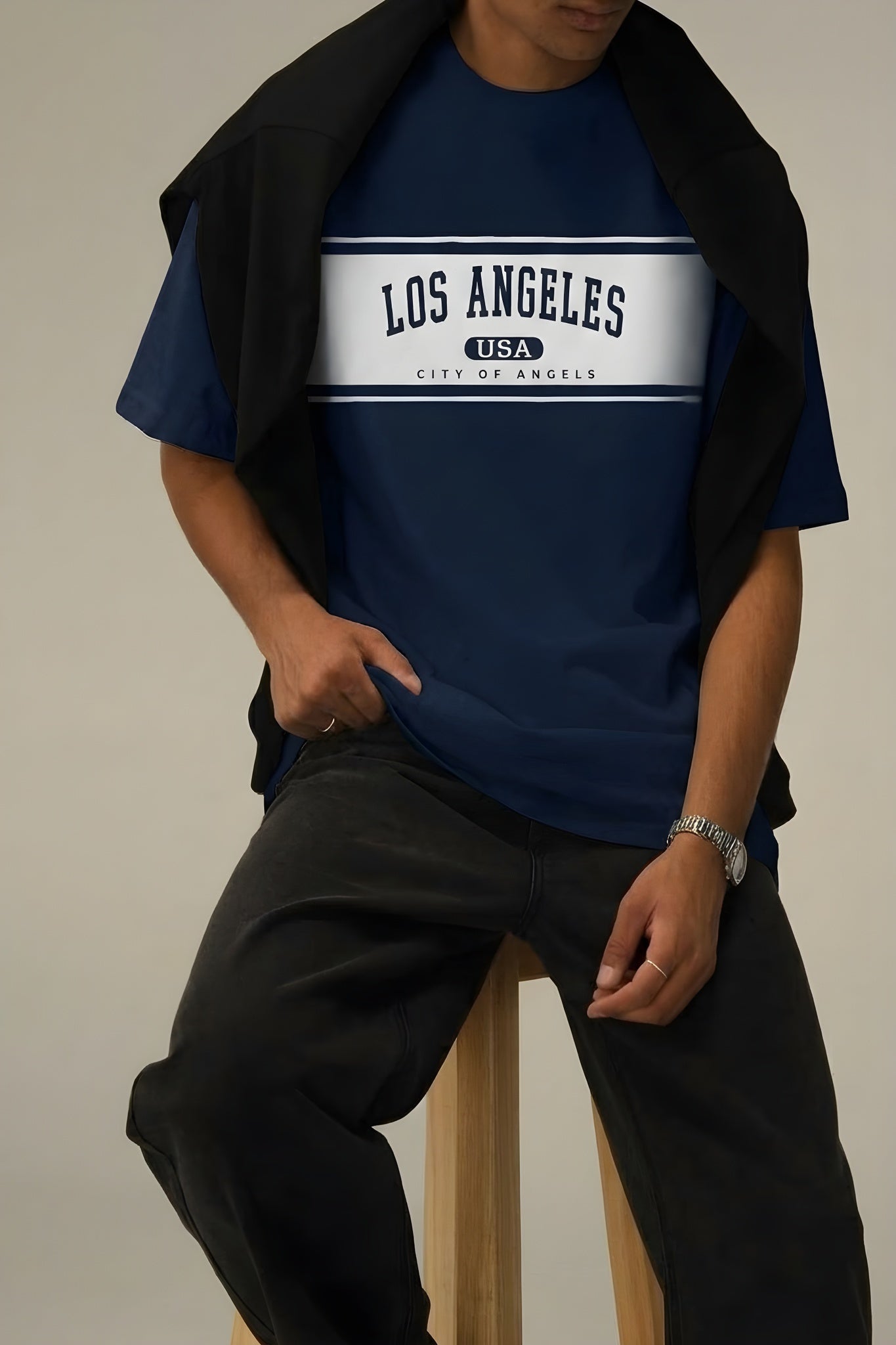 Erkek Lacivert City Of Angels Oversize Fit Bol Geniş Kalıp Salaş Kesim T-shirt