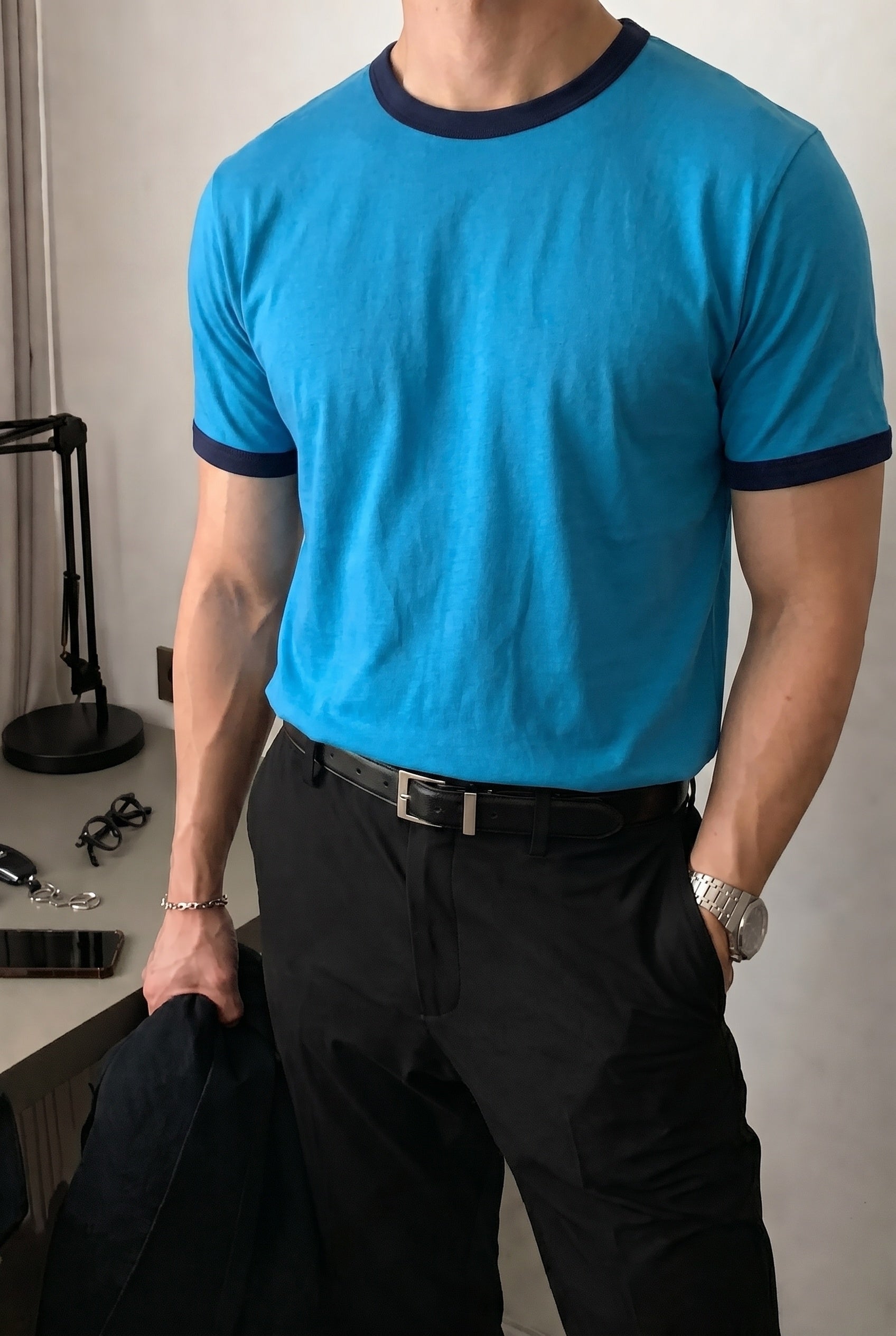 Erkek Mavi Renkli Tişört Bisiklet Yaka Kol Garnili Regular T-shirt