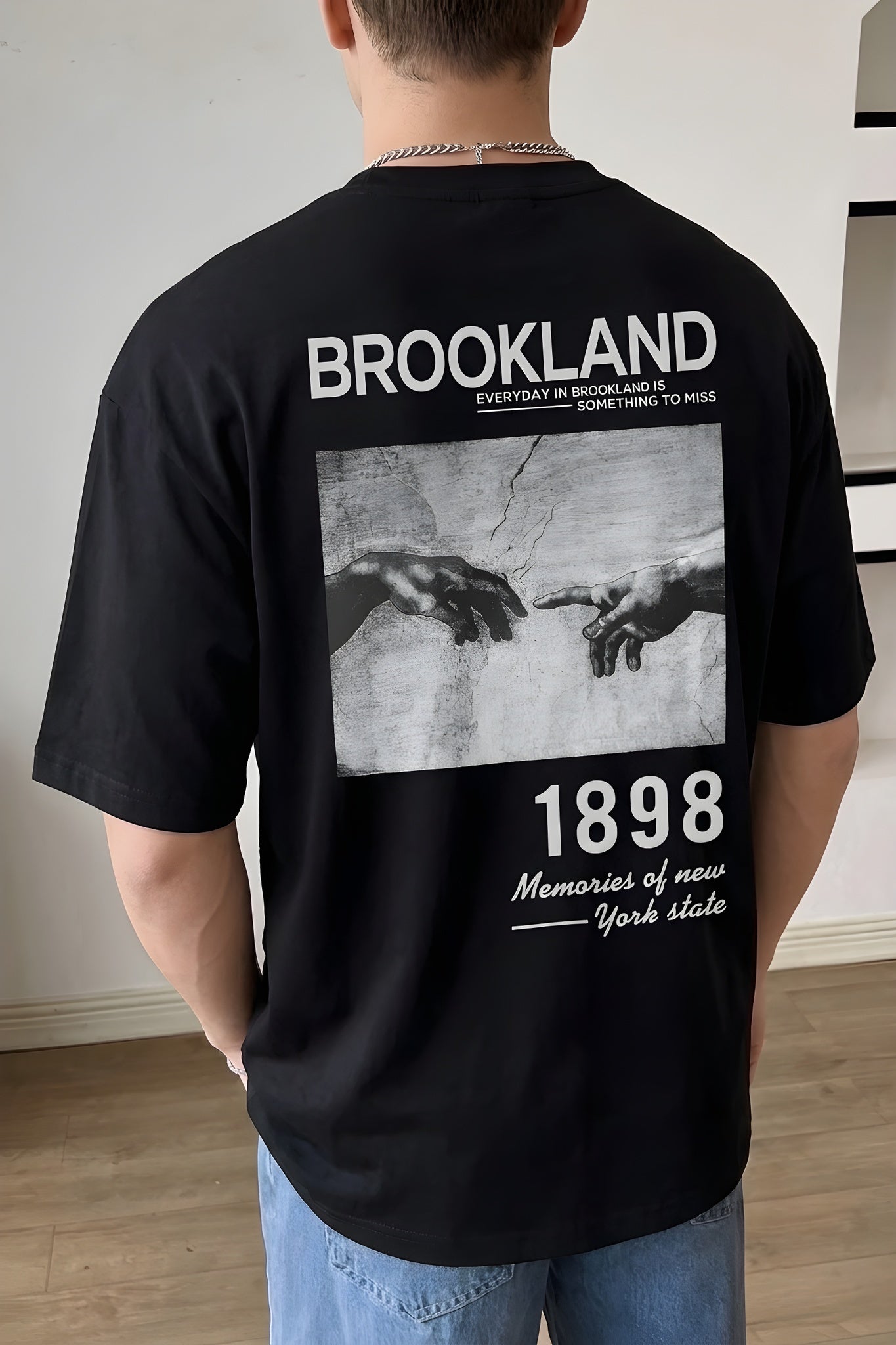 Erkek Siyah 1898 Brookland Baskılı Oversize Salas T-Shirt