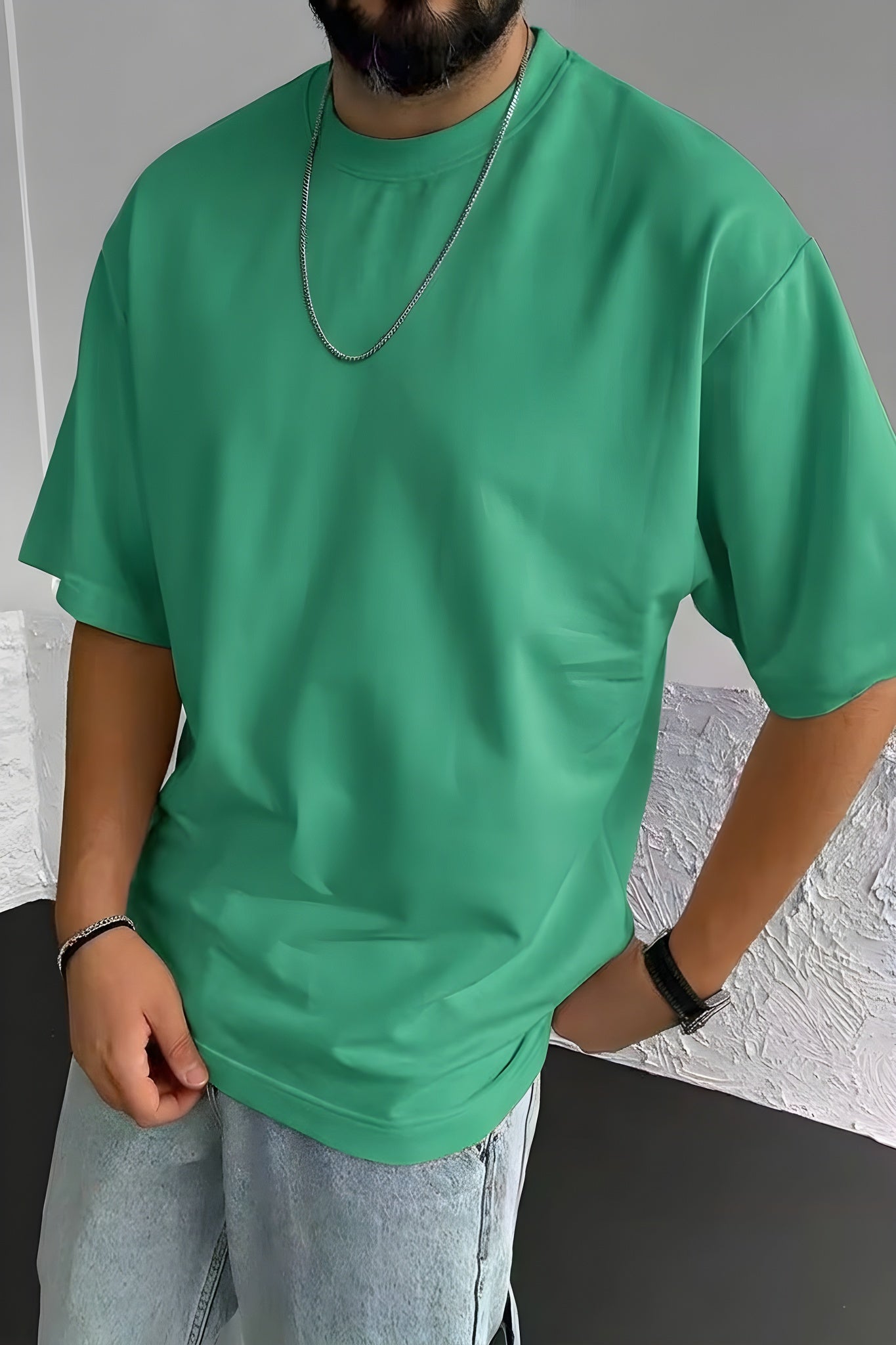 Erkek Bntn Yeşil Basic Düz Baskısız Oversize Salas T-Shirt