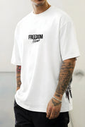 Erkek Ekru Beyaz Freedom Kanat Baskılı Oversize Salaş T-Shirt