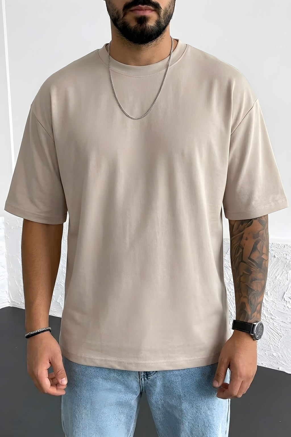 Erkek Camel Sütlü Kahve Basic Düz Baskısız Oversize Salas Boyfriend T-Shirt