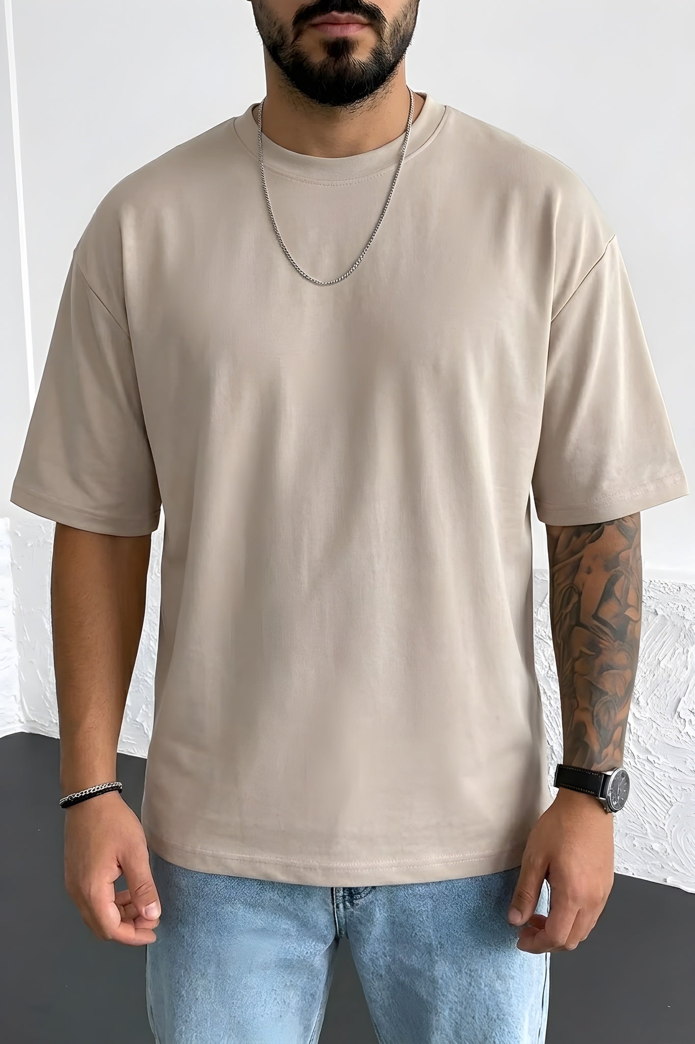 Erkek Camel Sütlü Kahve Basic Düz Baskısız Oversize Salas Boyfriend T-Shirt