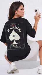 Kadın Siyah Black Jack Oversize Fit Bol Geniş Kalıp Salaş Kesim T-shirt