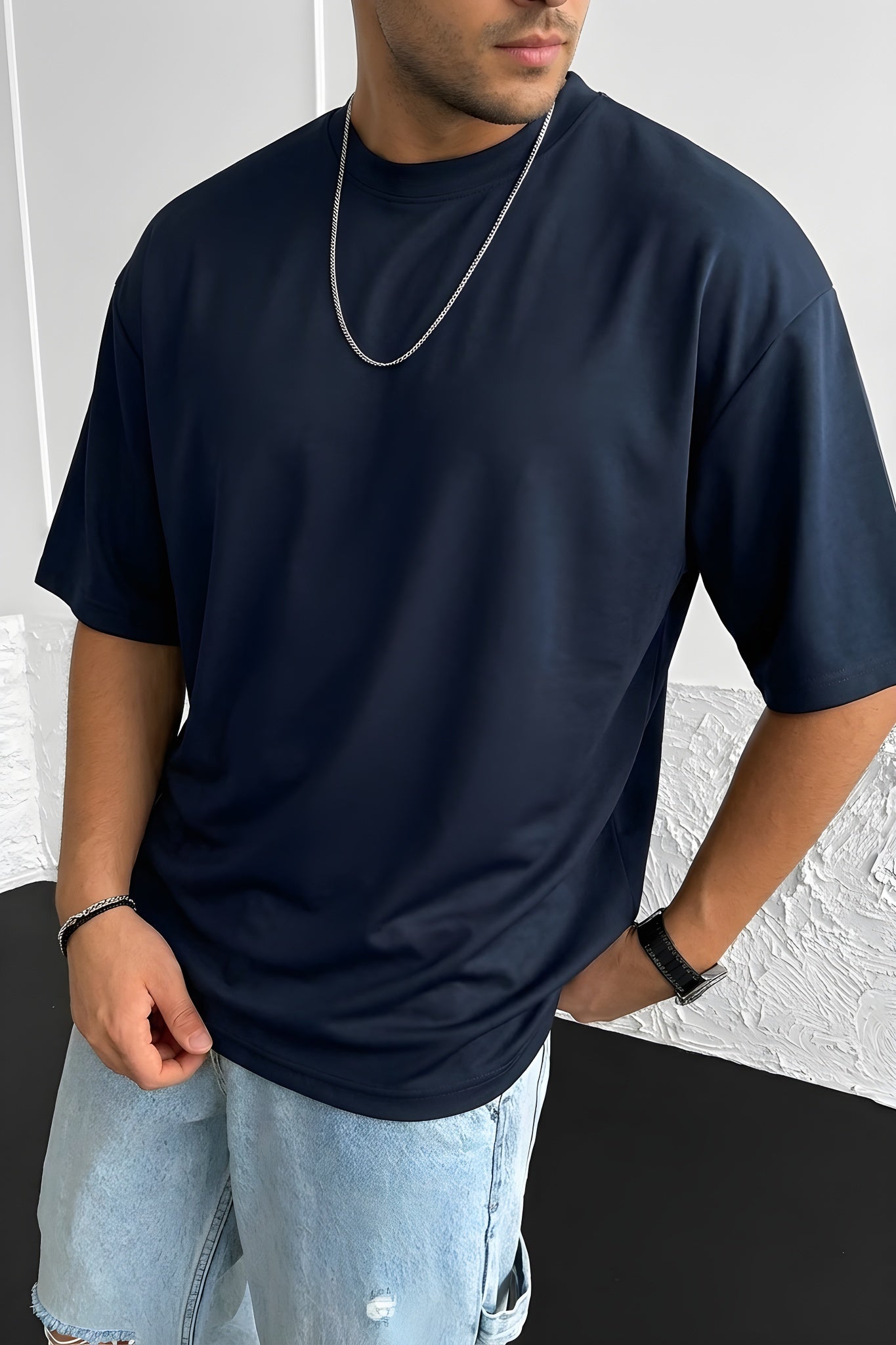 Erkek Lacivert Bisiklet Yaka Düz Basic Baskısız Oversize Salas T-Shirt