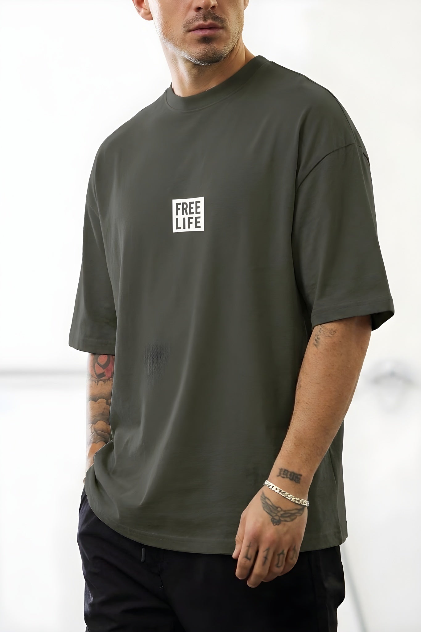 Erkek Haki Free Life Bisiklet Yaka Oversize Salas T-Shirt