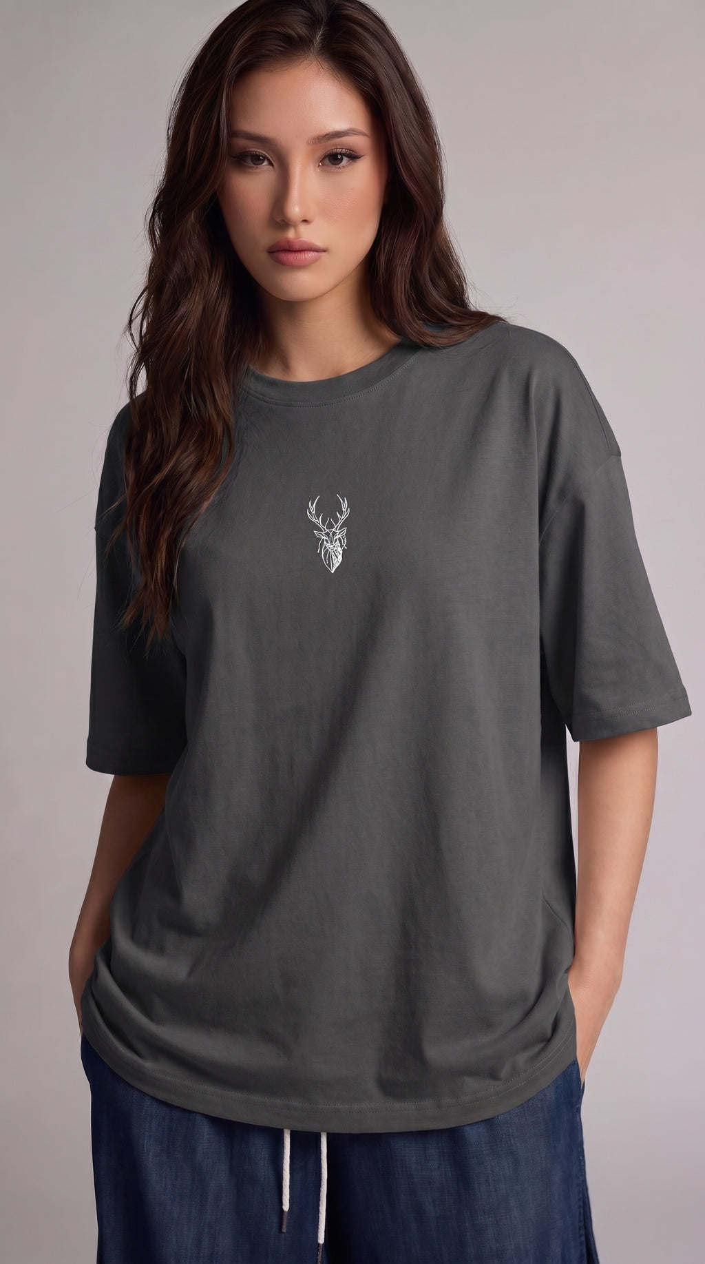 Kadın Füme Geyik Oversize Salas Boyfriend T-shirt