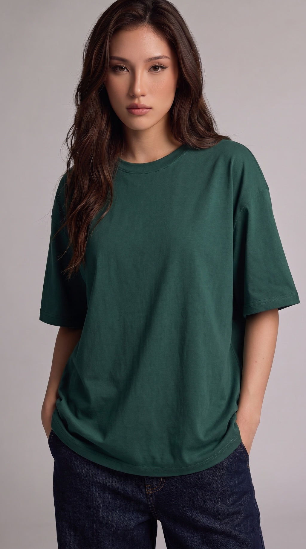 Kadın Petrol Yeşili Basic Düz Baskısız Oversize Salas T-Shirt