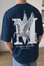 Erkek Mythical Pegasus Baskılı Lacivert Bisiklet Yaka Oversize Salaş T-Shirt
