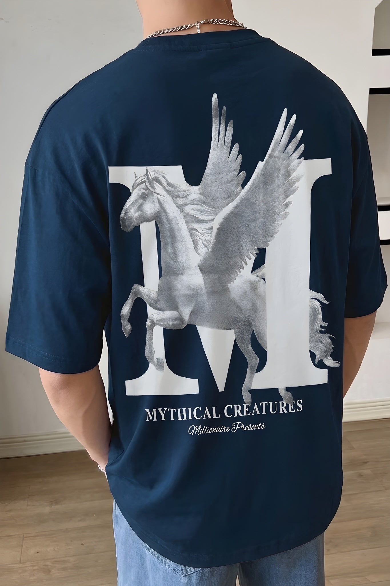 Erkek Mythical Pegasus Baskılı Lacivert Bisiklet Yaka Oversize Salaş T-Shirt