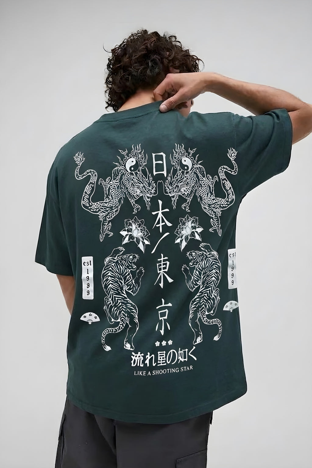 Erkek Dragon Baskılı Petrol Yeşili Bisiklet Yaka Oversize Salaş T-Shirt