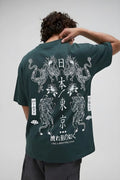 Erkek Dragon Baskılı Petrol Yeşili Bisiklet Yaka Oversize Salaş T-Shirt