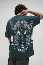 Erkek Dragon Baskılı Petrol Yeşili Bisiklet Yaka Oversize Salaş T-Shirt