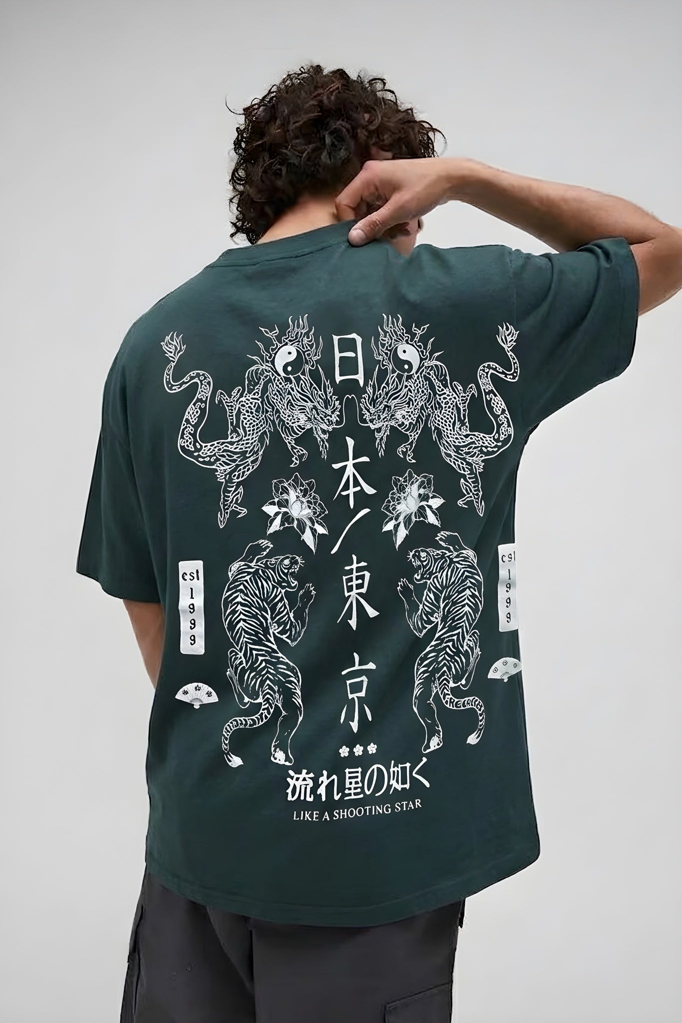 Erkek Dragon Baskılı Petrol Yeşili Bisiklet Yaka Oversize Salaş T-Shirt