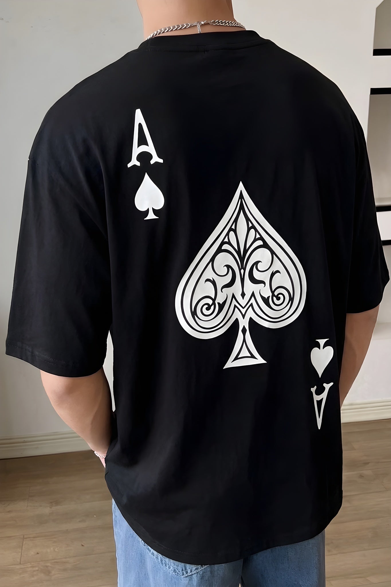 Erkek Maça As Baskılı Siyah Oversize T-Shirt