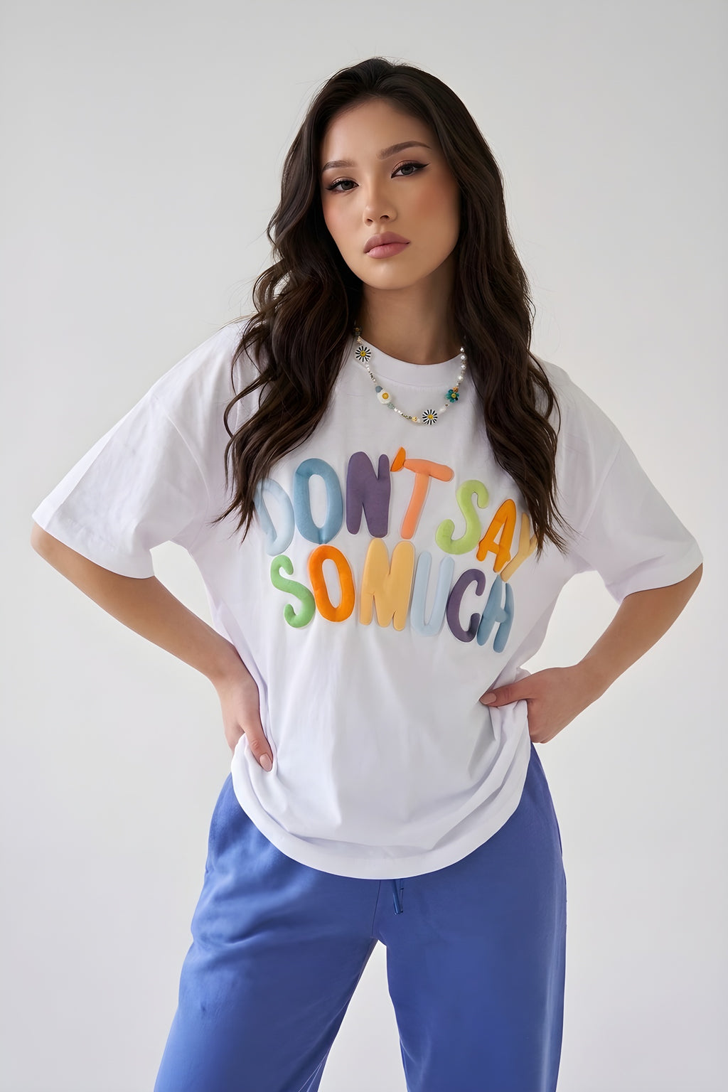 Kabaran Baskı Dont Say Beyaz Oversize Salas Boyfriend Kadın T-Shirt