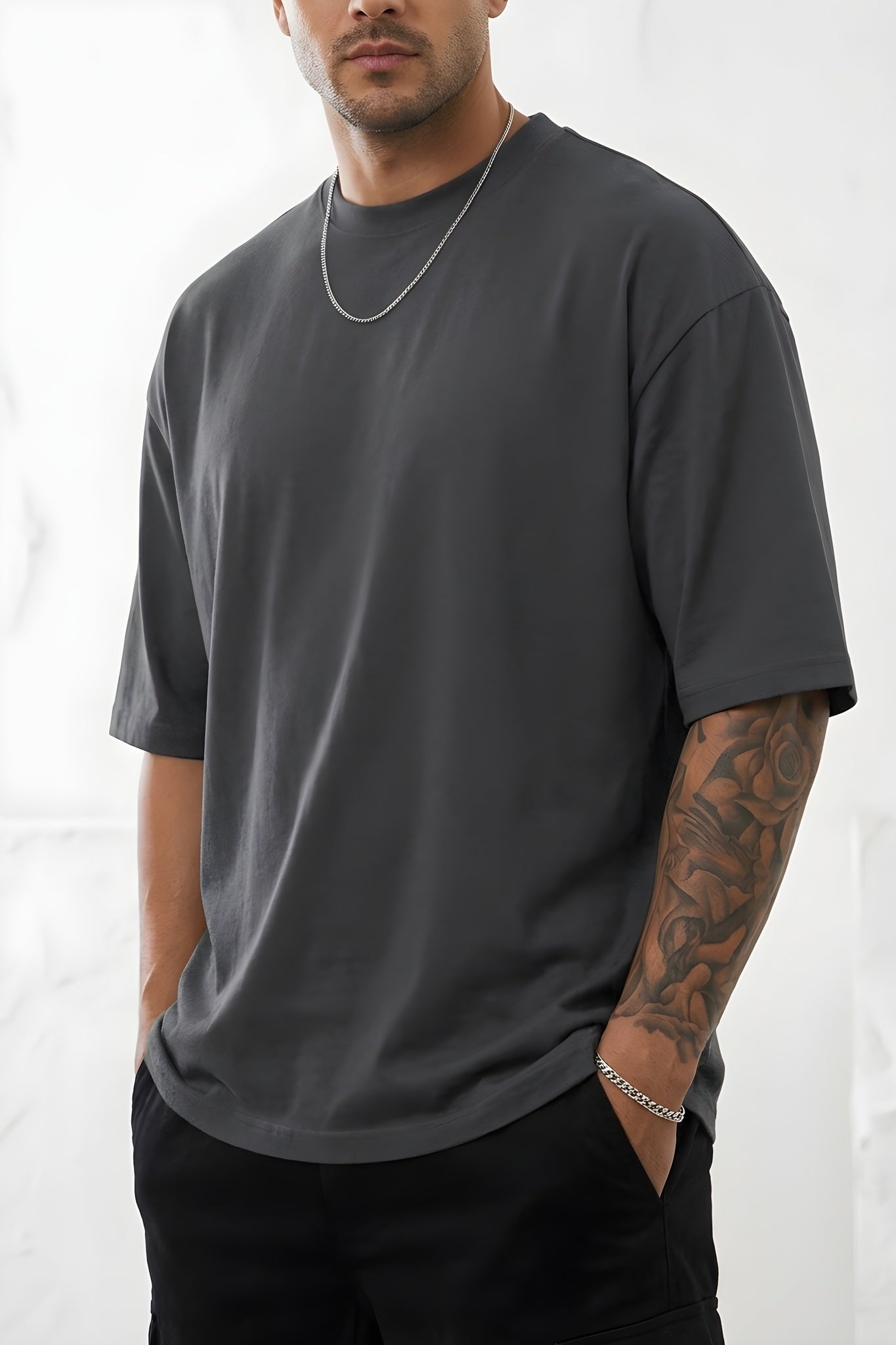 Erkek Füme Bisiklet Yaka Düz Basic Baskısız Oversize Salas T-Shirt