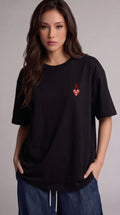 Kadın Siyah Kupa As Kuru Kafa Oversize Fit Bol Geniş Kalıp Salaş Kesim T-shirt