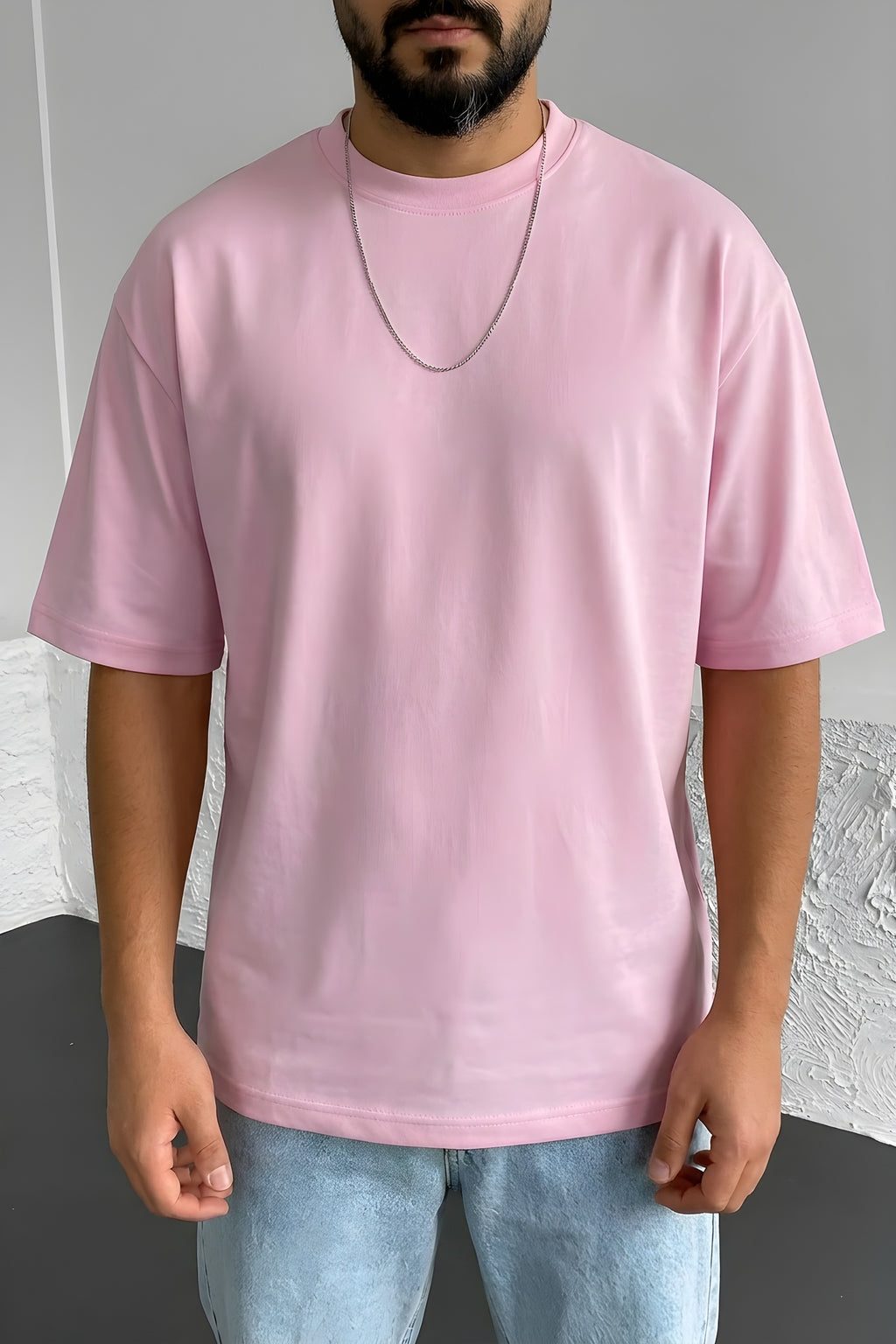 Erkek Pembe Basic Düz Baskısız Oversize Salas Boyfriend T-Shirt