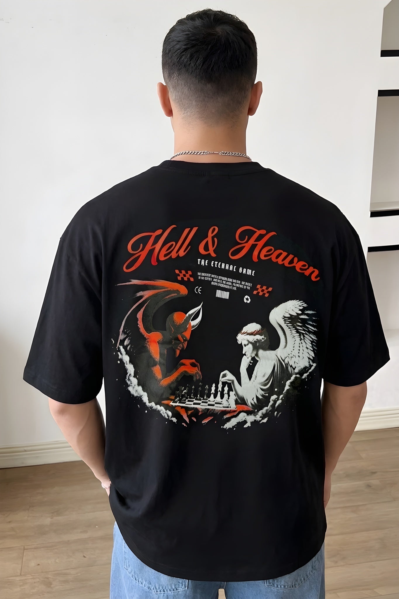 Erkek Siyah Devil And Angel Oversize Fit Bol Geniş Kalıp Salaş Kesim T-shirt