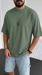 Erkek Açık Yeşil Geyik Baskılı Oversize Fit Bol Geniş Kalıp Salaş Kesim T-shirt
