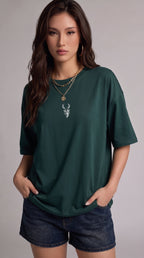 Kadın Koyu Petrol Yeşil Geyik Oversize Salas Boyfriend T-shirt