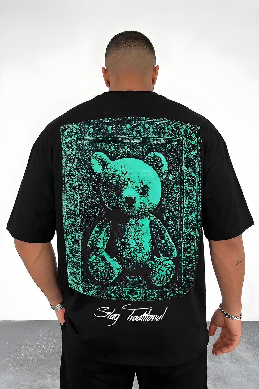 Erkek Siyah Traditional Ayıcık Teddy Bear Oversize Fit Bol Geniş Kalıp Salaş Kesim T-Shirt